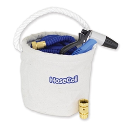 HoseCoil Canvas Bucket Kit with 75′ Expandable Hose, Rubber Tip Nozzle, & Quick Release